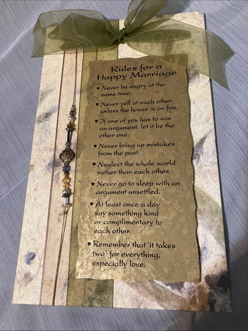 Rules for a Happy Marriage Wall Plaque - Olive Green Ribbon